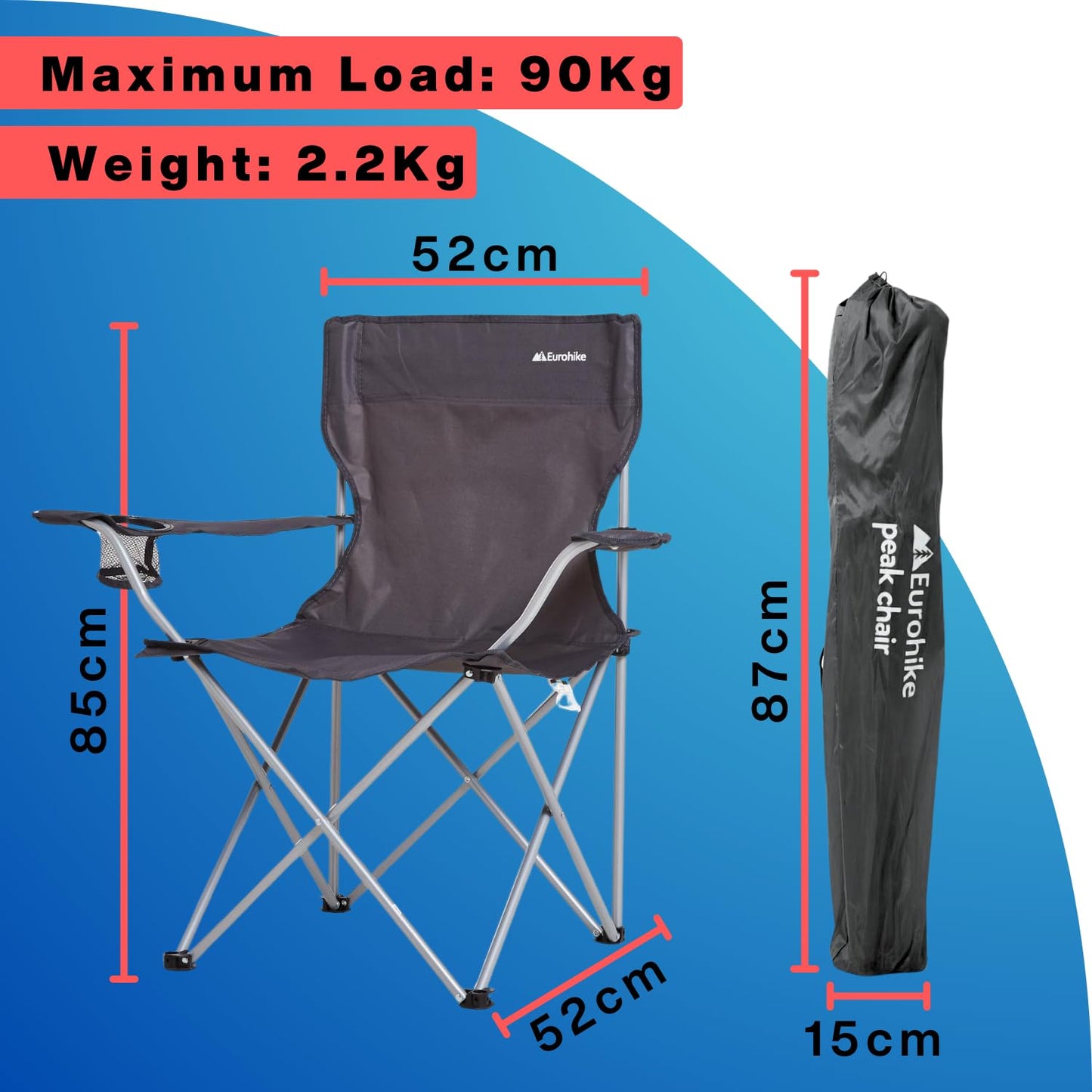 Eurohike Peak Folding Chair – Lightweight, Portable with Drinks Holder & Arm Rests – Grey